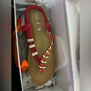 Red Braided T-Strap Sandals with Gold Accents